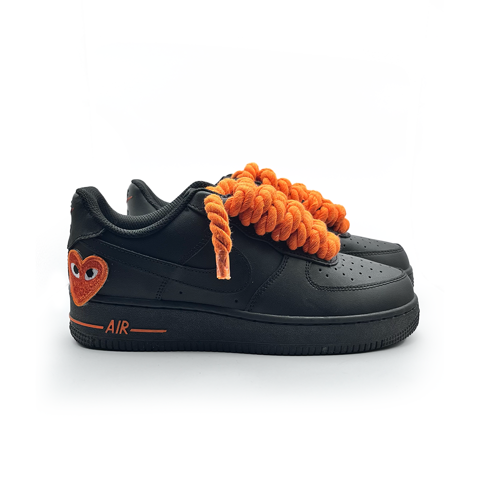 Personnalisé Noir Nike Air Force 1 '' Rope Laces '' Love stride Orange