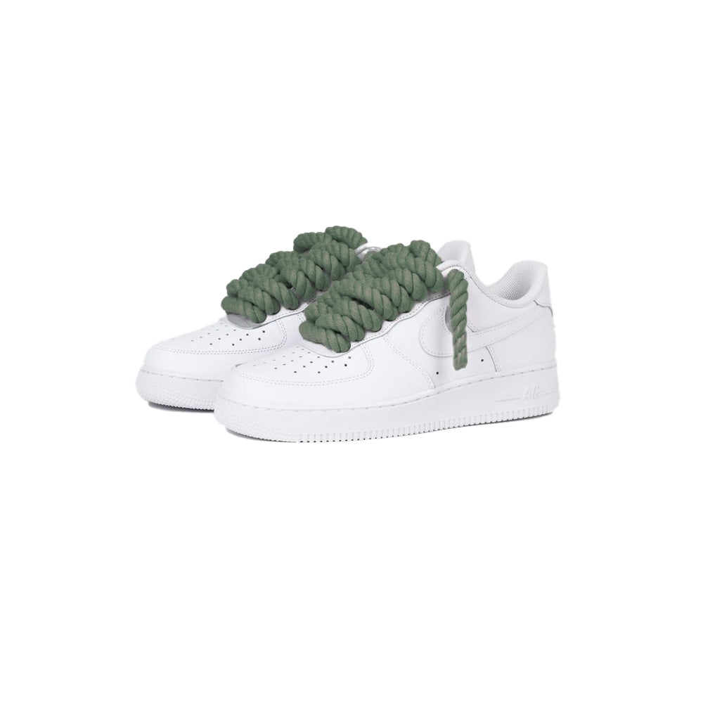 Personnalisé Nike Air Force 1 Blanc « Rope Laces » Army Vert. -